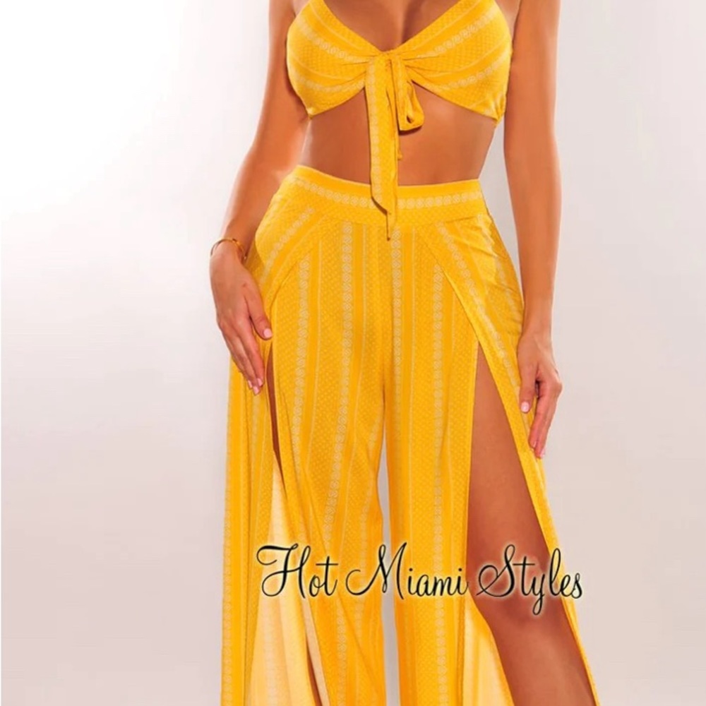 Yellow and white two piece spaghetti strap pants set